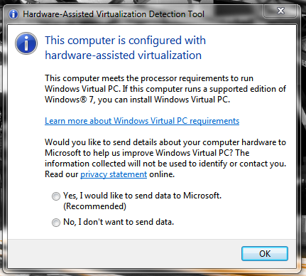 Windows 7 Microsoft Hardware Virtualization tool screenshot